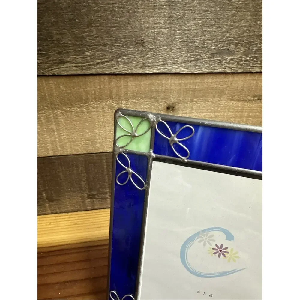 Blue & Green Slag Stained Leaded Glass Frame Holds 4x6” Photo ~ Free Standing